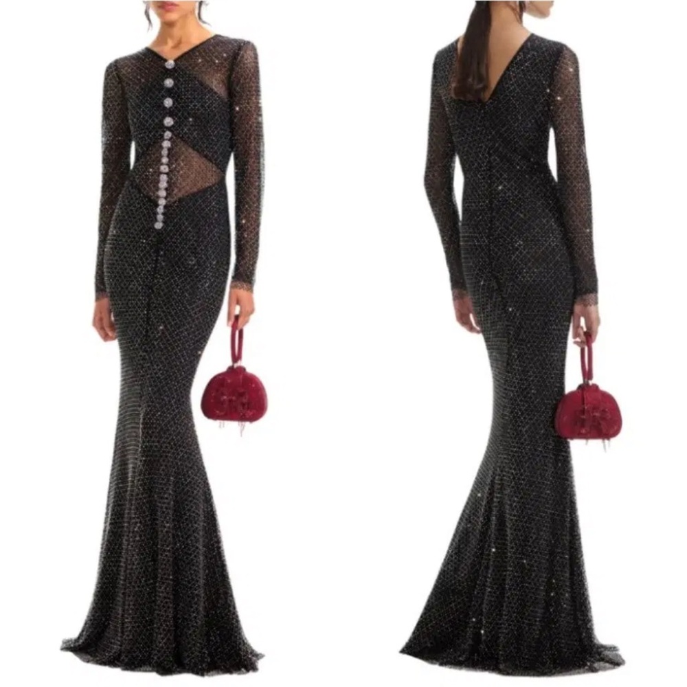 Self Portrait BLACK RHINESTONE FISHNET CROSSOVER MAXI DRESS -